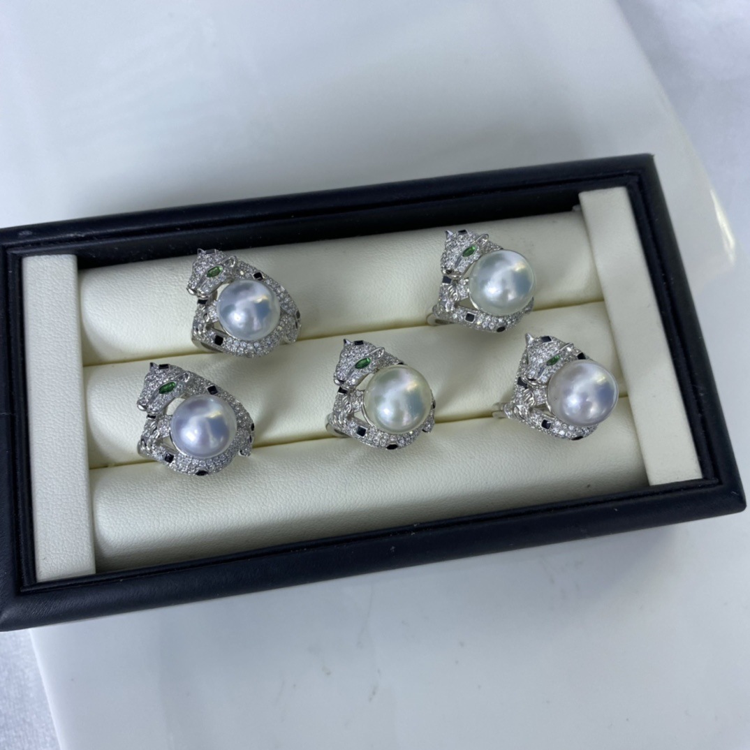 手工时尚高级设计 11-12海水珍珠豹头戒指 s925纯银豪镶 k金工艺诸暨