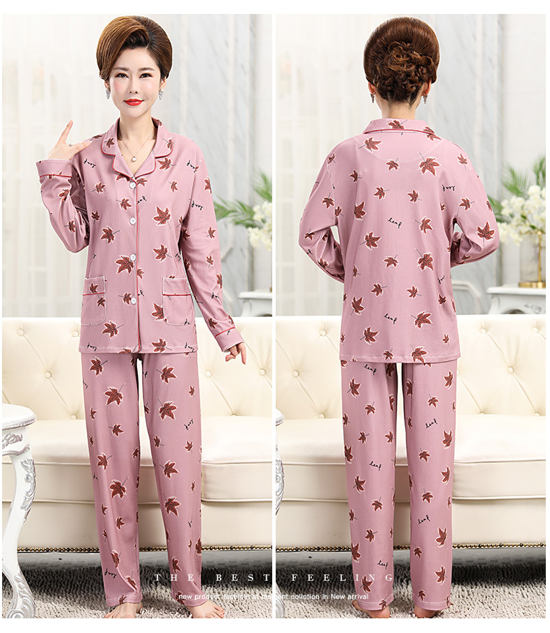 春秋中年妈妈睡衣女长袖纯棉中老年人加大码翻领可外穿秋冬家居服
