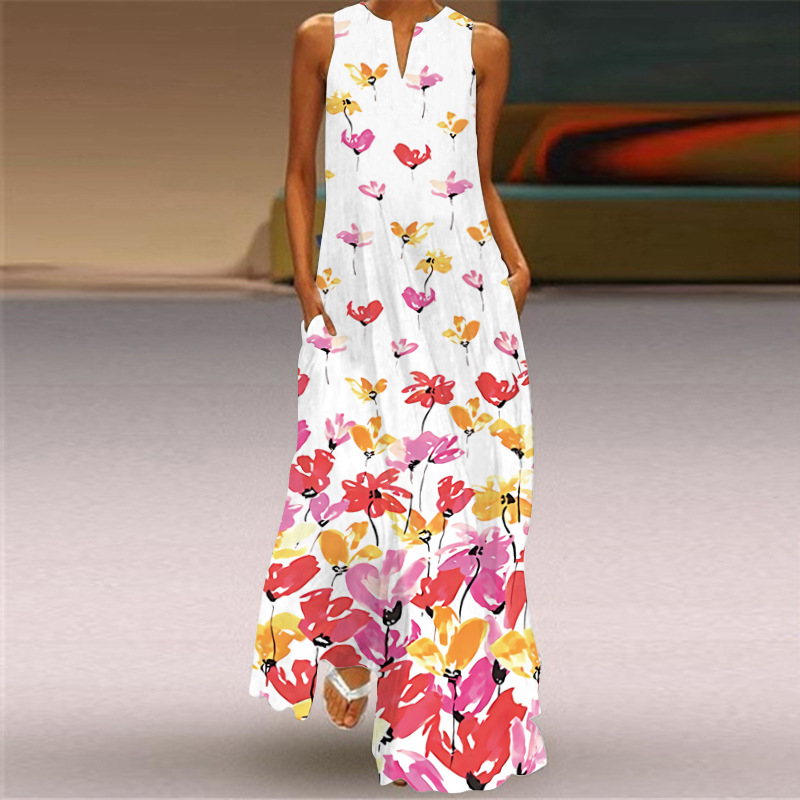 2024 new summer women's clothes sleeveless maxi dress v-neck printed emerald flower dress europe and america cross border foreign trade women's clothing