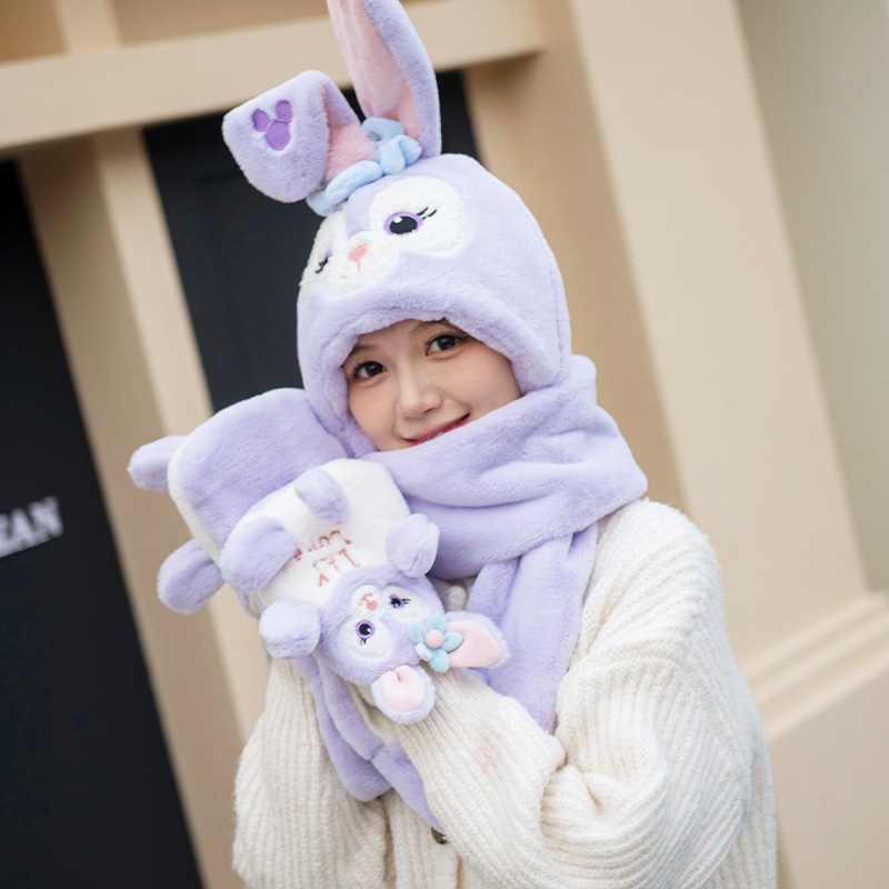 Xingdai Dew Rabbit Ears Scarf Gloves Hooded Three-Piece Winter Plush Cute Warm Scarf Integrated with Hat Wholesale