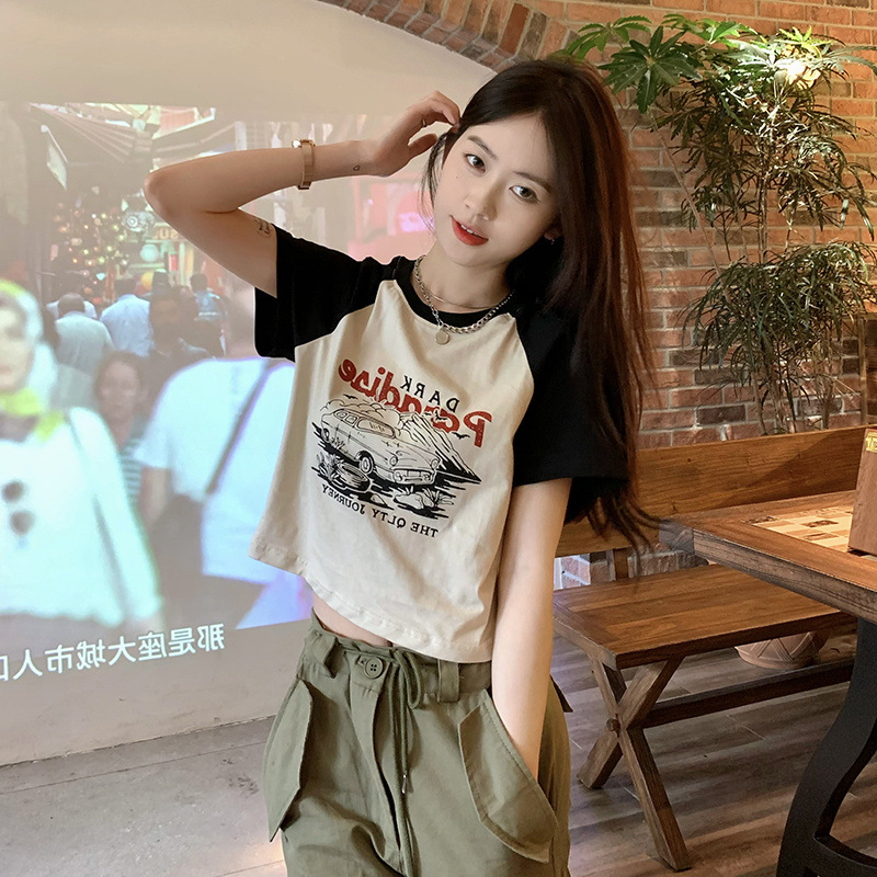 2023 Summer Korean New Slim-Fit All-Matching Short Student Tops Trendy American Vintage Print Short Sleeves T-shirt Women