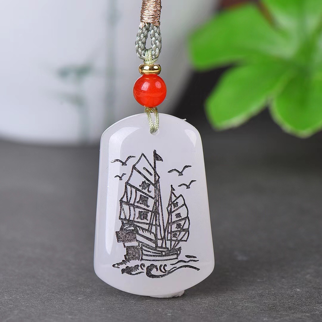 天然新疆金丝玉一帆风顺玉石吊坠精雕男女情侣款玉佩项链挂件