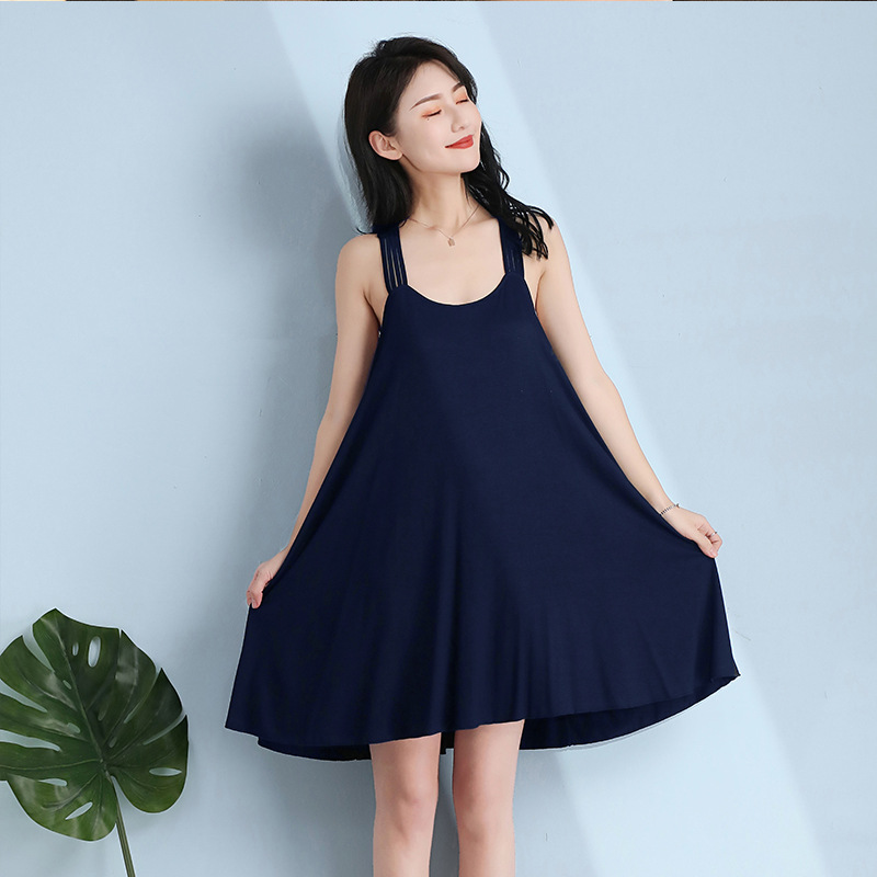 莫代尔连衣裙女夏季薄款带胸垫大码宽松孕妇打底裙性感露背吊带裙