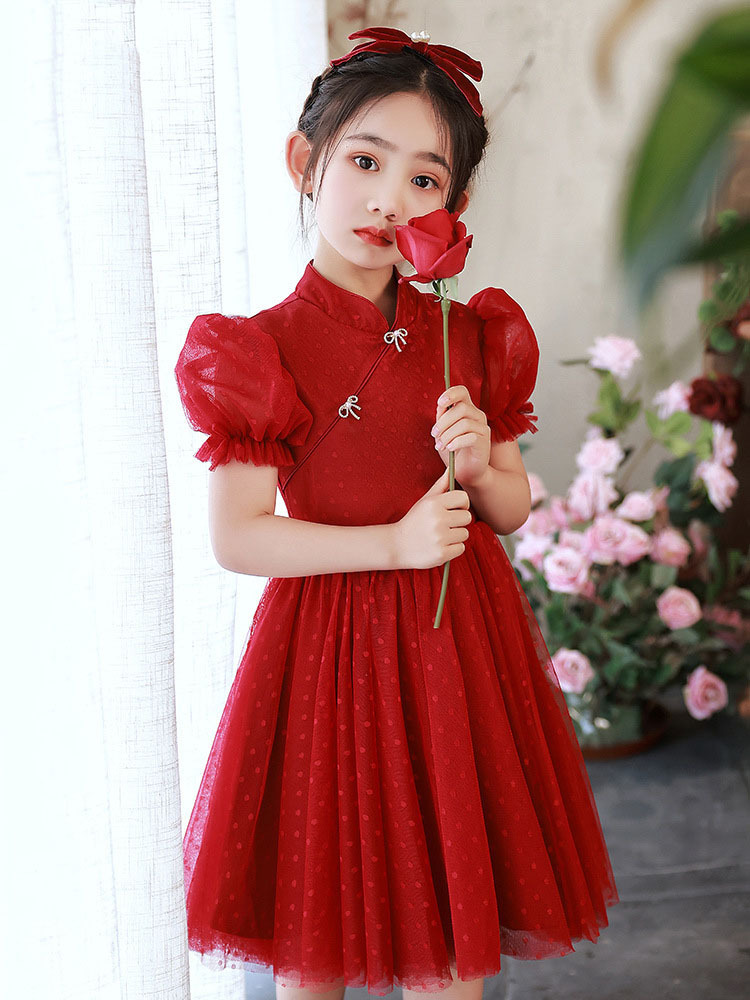 女童旗袍礼服公主裙夏季小主持人儿童红色裙子朗诵钢琴演奏演出服