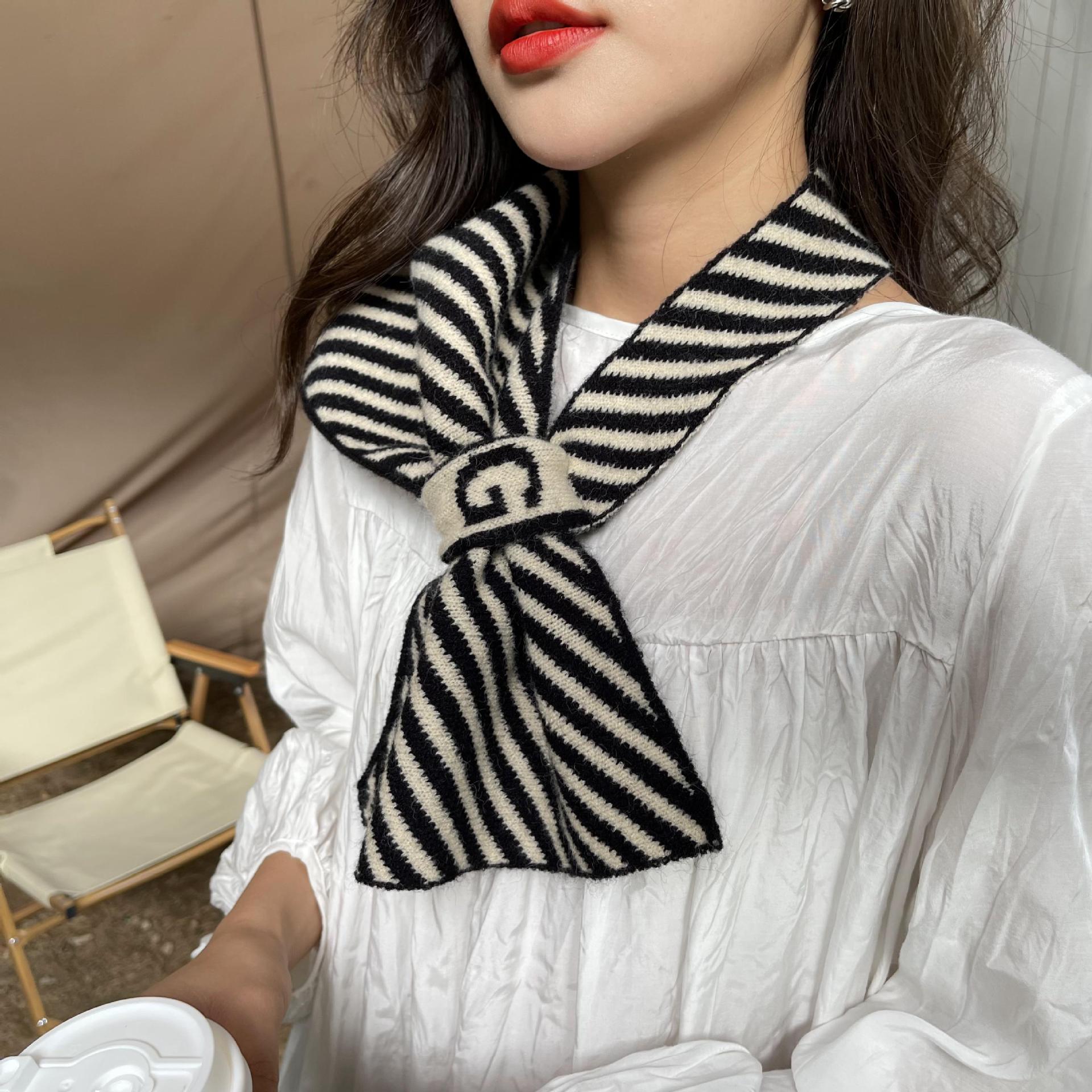 2022 Autumn and Winter New Knitted All-Matching Scarf Simple Striped Wool Small Scarf College Style Korean Style Scarf Scarf Scarf