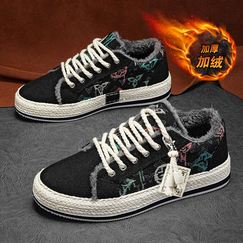 2025男鞋冬季加绒保暖棉鞋百搭休闲青少年学生运动草编灯芯绒板鞋