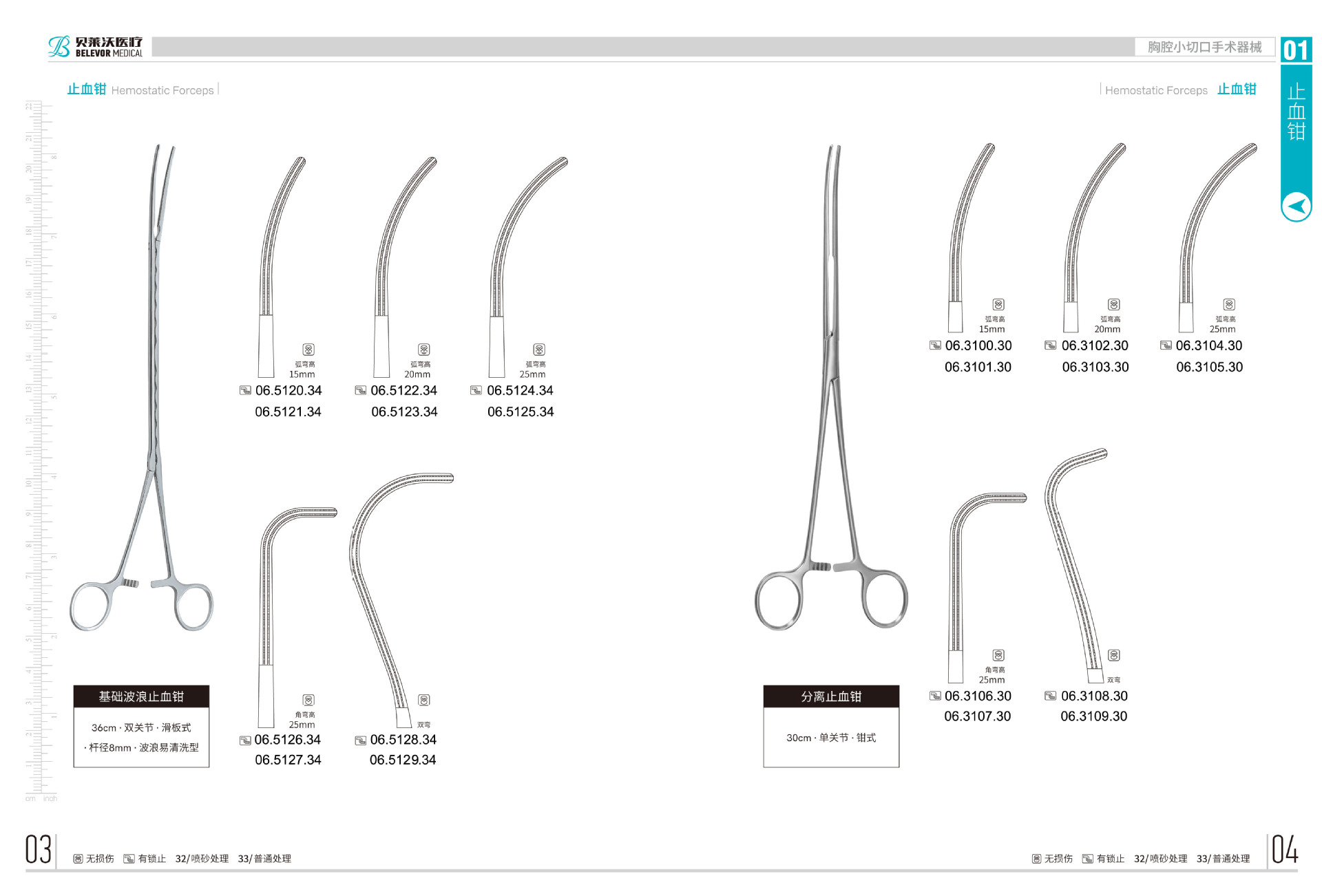 belevor胸腔小切口止血钳 有锁 无锁 型号规格齐全 基础波浪型