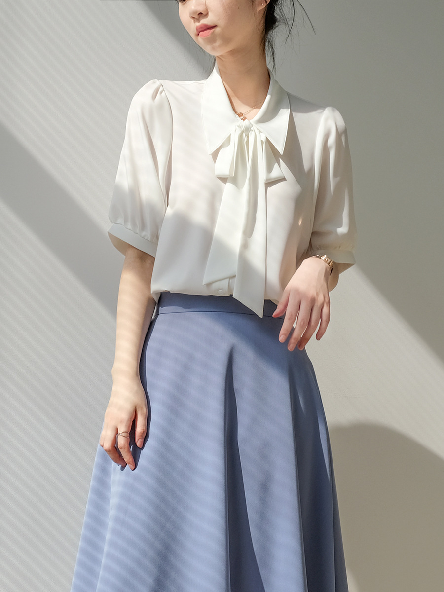 蝴蝶结飘带雪纺白衬衫女短袖夏季韩版小个子设计感小众通勤ol衬衣