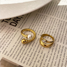 钛钢复古个性珍珠锆石双重戒指复古法式ins风小众欧美大气指环女