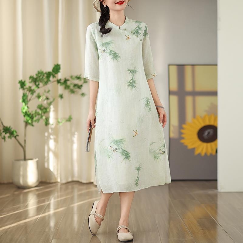 中国风女装棉麻连衣裙女2024夏季新款显瘦苎麻改良旗袍裙子-阿里巴巴