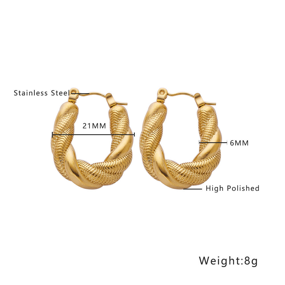 European and American Ins Internet Celebrity High-Grade Earrings Gold Stainless Steel Twist Earrings Titanium Steel Woven Thick Type U-Shaped Earrings