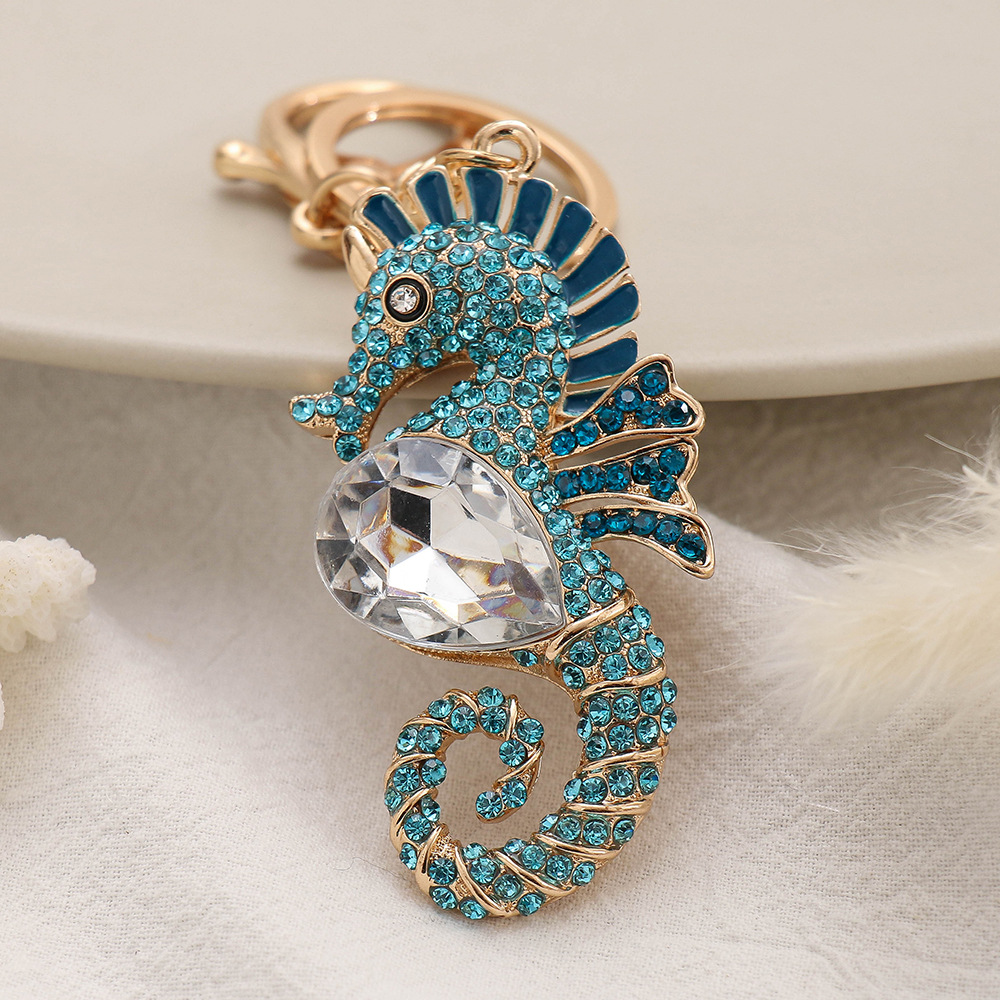 Marine Animal Series Ornaments Diamond-Embedded Cute Seahorse Keychain Pendant Metal Cartoon Creative Small Gift Wholesale