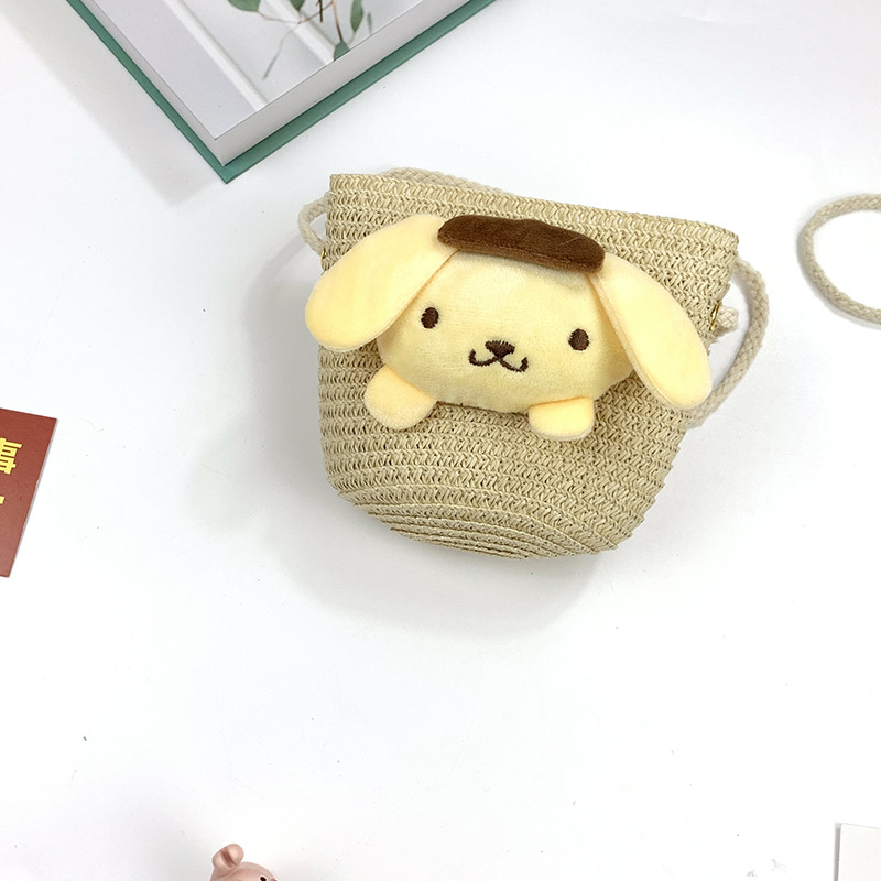 New Children's Straw Bag Cute Cartoon Big Ears Dog Children Coin Purse Crossbody Small Bag Woven Phone Bag