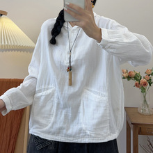 新款韩版女装t恤帽衫长袖纯棉布T恤衬衣宽松棉麻文艺复古上衣外套