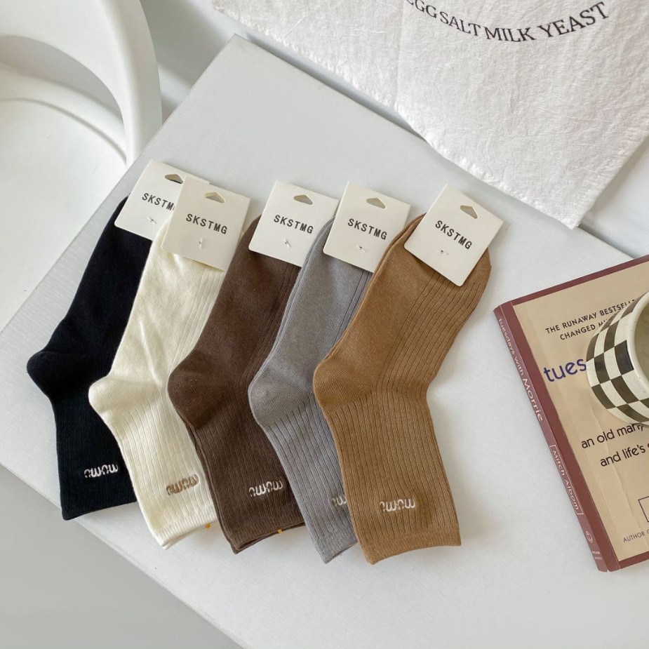 women‘s socks all cotton mid-calf length socks autumn and winter letter embroidery solid color bunching socks women‘s socks room socks zhuji socks