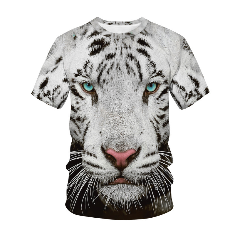 夏季新品 3d老虎头数码印花男式t恤圆领休闲男女短袖童装一件代发