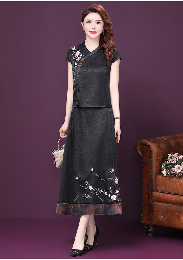 9060复古唐装两件套洋气套装长裙2021夏新款显瘦文艺女装大码套裙