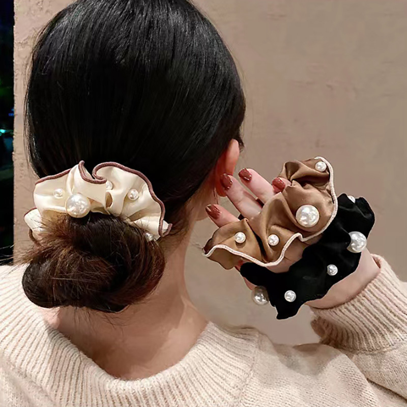 New Milk Coffee Color Pearl Large Intestine Hair Ring Korean Style Solid Color Satin Adult Temperament Intestine Ring High-Grade Hair Accessories for Women