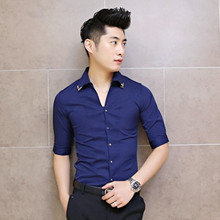 男士衬衣英伦修身发型师七分袖寸衫夏季韩版中袖帅气青年衬衫批发