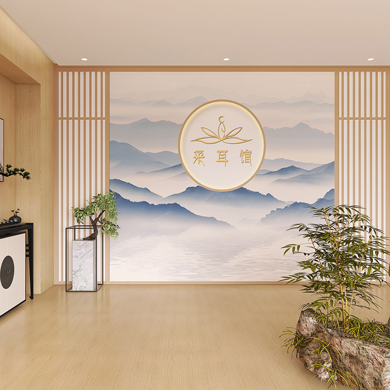古筝教室墙纸音乐乐器店背景墙壁画中国风水墨山水茶室办公室壁纸
