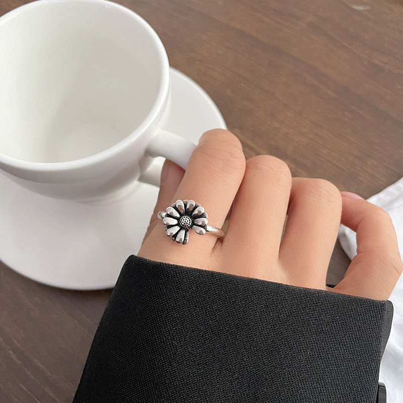 Zhiyun 925 Sterling Silver Ring Does Not Fade Special-Interest Design SUNFLOWER Personality Retro with Opening Hand Jewelry Female Wholesale