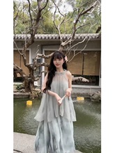 新中式汉元素气质连衣裙女2024夏季新款复古温柔甜美仙女绑带长裙