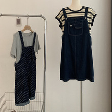 欧玛莱 韩版条纹T恤+宽松直筒牛仔背带裙女夏季时尚两件套潮8876