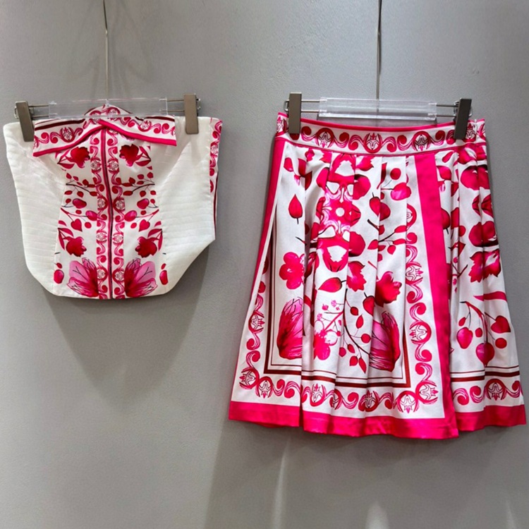 红花瓷印花性感一字肩短上衣  开叉半裙休闲套装欧美夏女装新2024