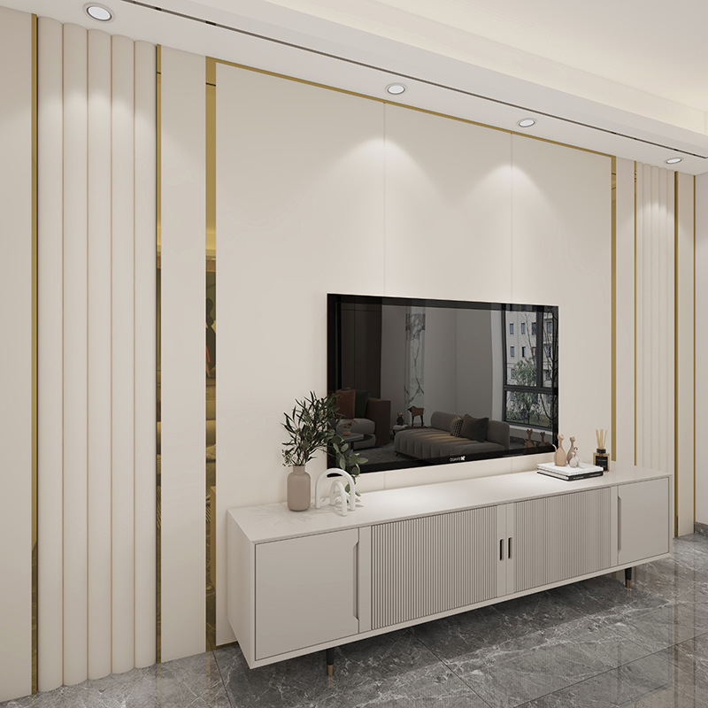 皮革硬包现代简约电视背景墙科技布软包轻奢金属条护墙板