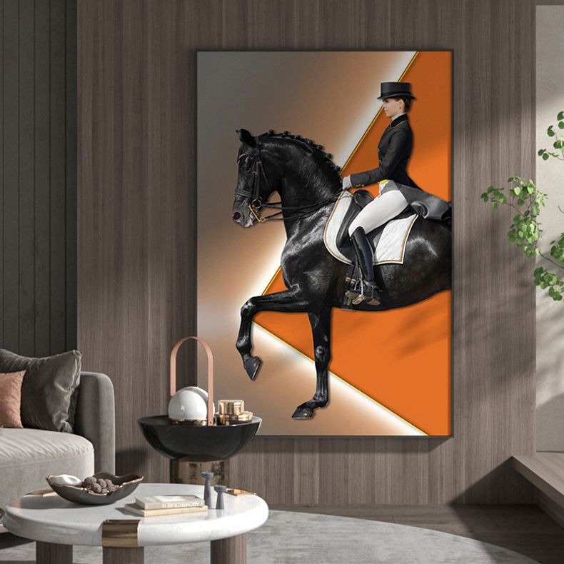 爱马仕橙色玄关装饰画竖版走廊过道挂画客厅骑士马大幅落地画壁画