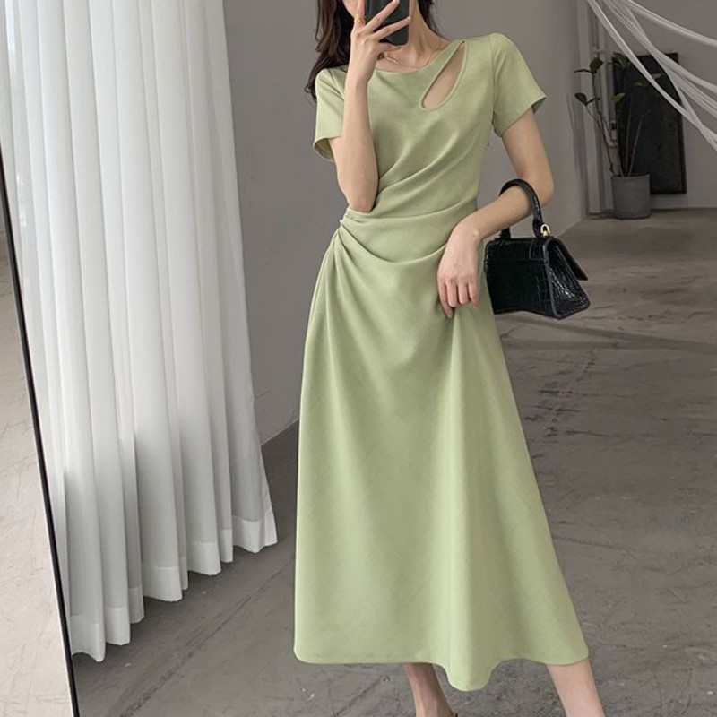 French Style Temperament Design Hollow-out Pleated Waist Tight Solid Color Dress Women's Summer 2023 Slimming Hepburn Long Dress