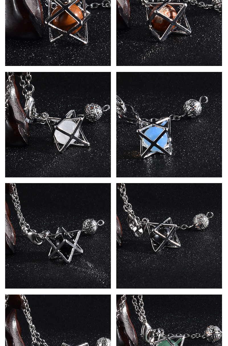 merkaba 天然水晶玛瑙镂空金属梅尔卡巴六芒星灵摆吊坠珠趣味饰品