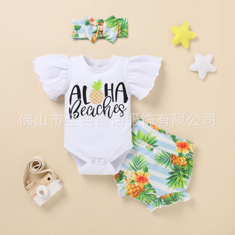 Cross-Border Children's Clothing Baby Ins Summer Short-Sleeved Suit Printed Shorts with Hair Band Three-Piece Set Foreign Trade Baby Children's Clothing Baby Clothes