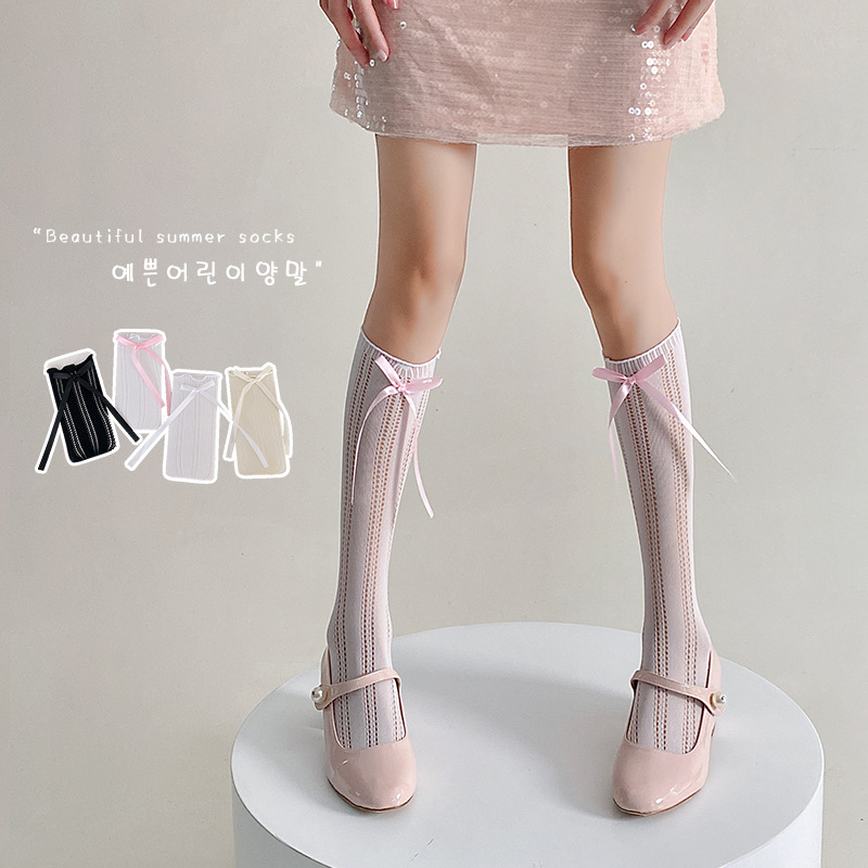 蝴蝶结白色袜子女夏天薄款长筒袜花边洛丽塔镂空网眼芭蕾风小腿袜