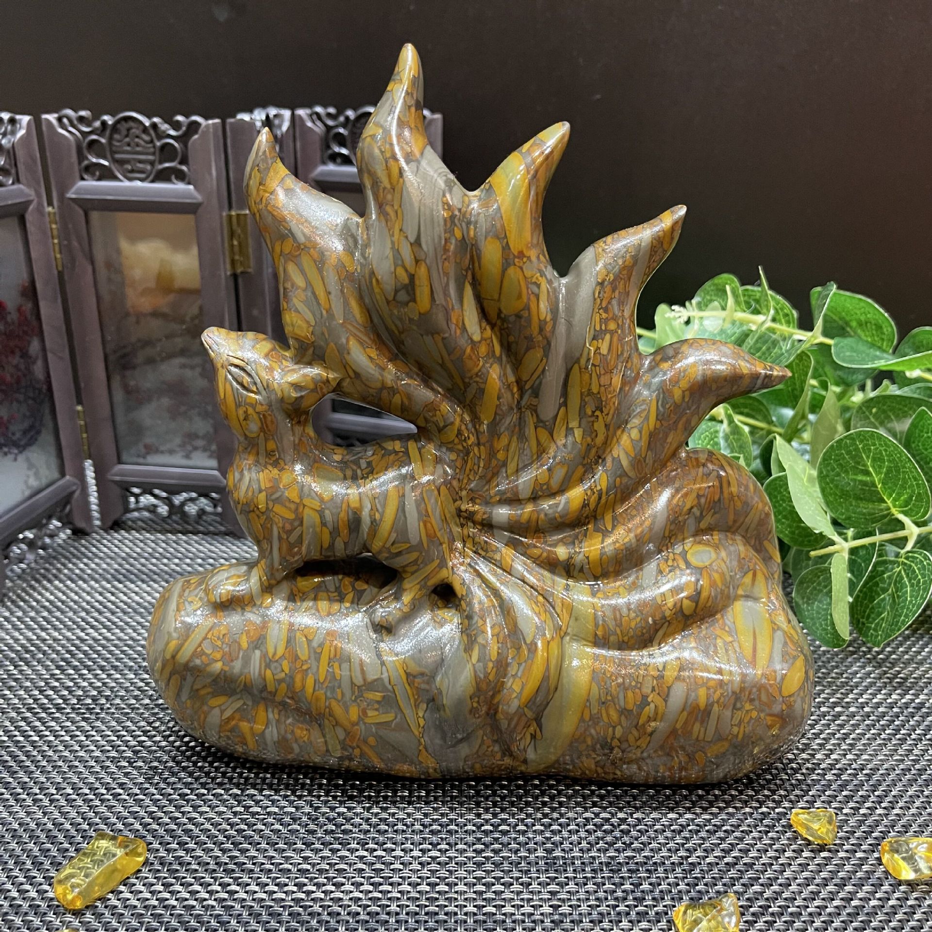 大理石九尾狐摆件原石家居装饰品雕塑办公室客厅落地石雕摆件