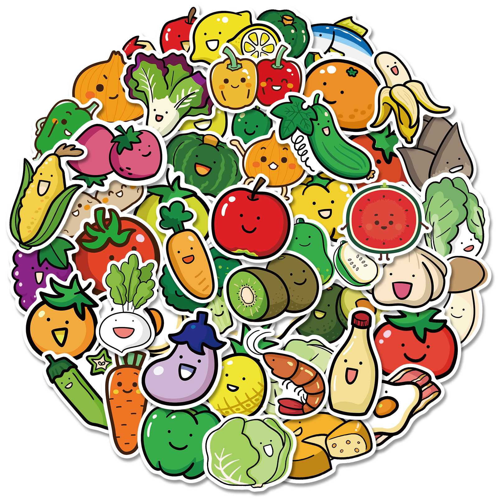 50张简约蔬果贴纸 个性创意蔬菜手账文具贴纸日志手机冰箱水杯贴