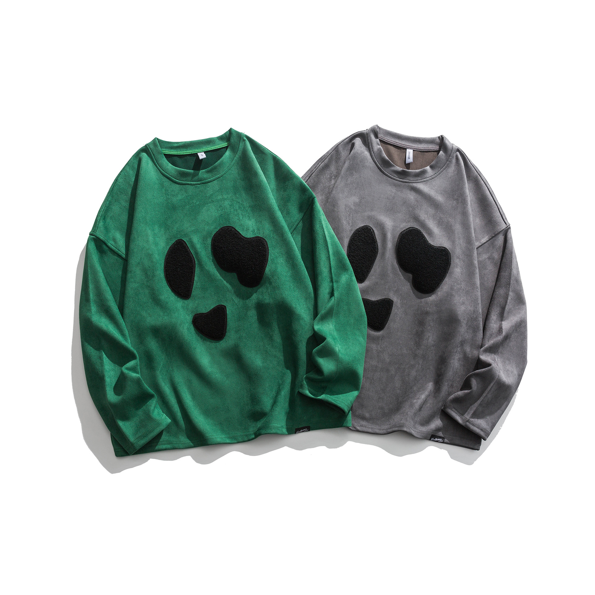 春季植绒抽象熊猫刺绣麂皮绒圆领卫衣男女潮流慵懒风2022宽松上衣