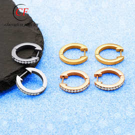 几何半圆镶水钻不锈钢金色亮面耳扣时尚男女新款钛钢锆石耳环