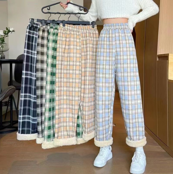 Cross-Border Foreign Trade Fleece Plaid Wide Leg Pants Women High Waist Loose and Slimming Winter Thick Lambskin Casual Warm-Keeping Pants