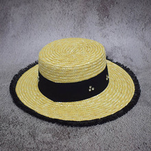 英伦风麦杆辫时尚水钻草编平顶帽女夏季防晒遮阳帽海边度假沙滩帽