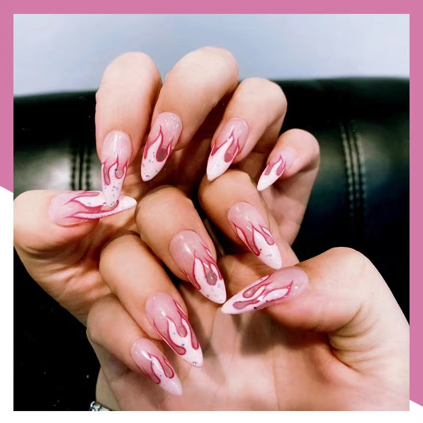 外贸尖甲穿戴甲水滴型甲杏仁甲欧美火焰假指甲小红书爆火款a0076