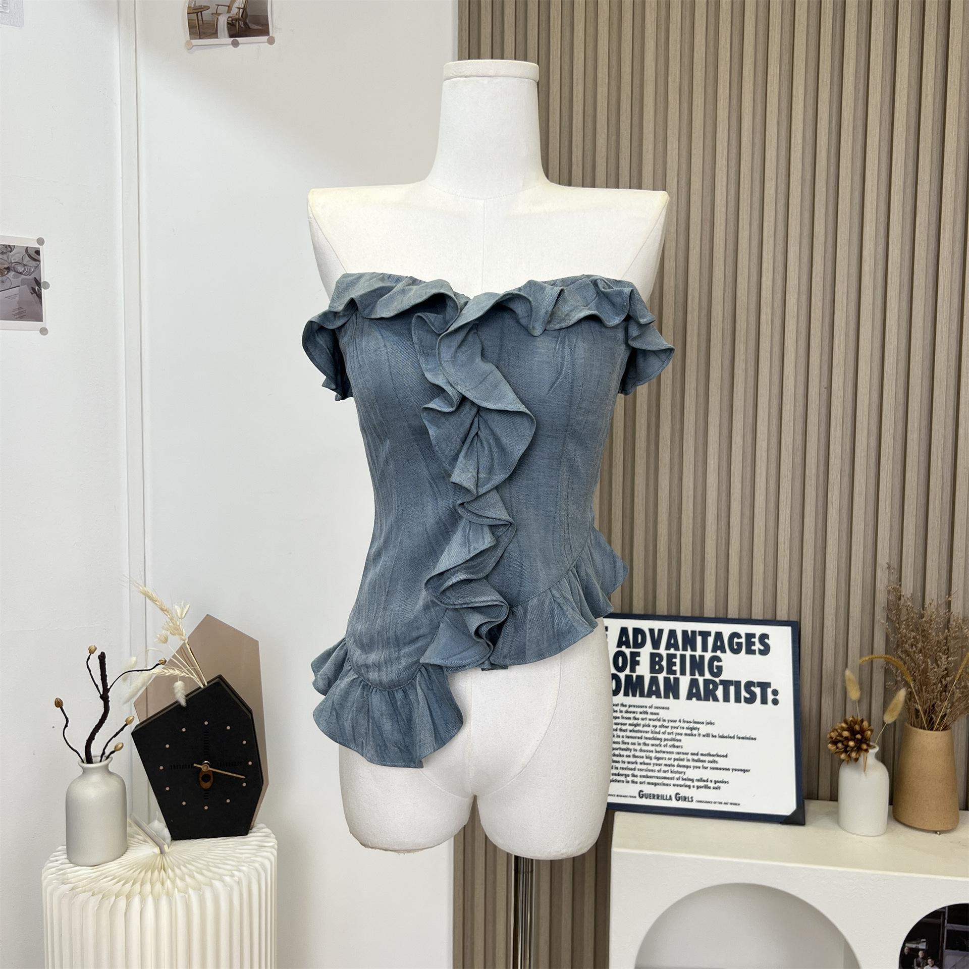 美式复古抹胸女春2024新款荷叶边设计感紧身带胸垫辣妹上衣-阿里巴巴