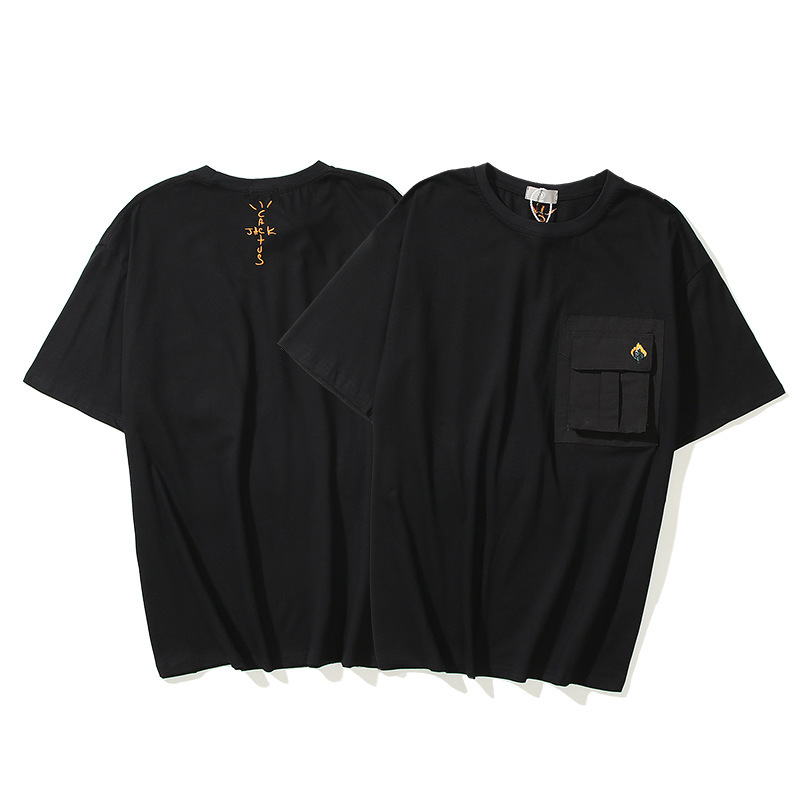 跨境批发travis scott仙人掌刺绣微标口袋fog短袖欧美宽松大码t恤