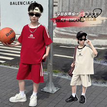 男童运动套装夏季红色衣服2024新款中大童休闲宽松短袖拉条篮球服