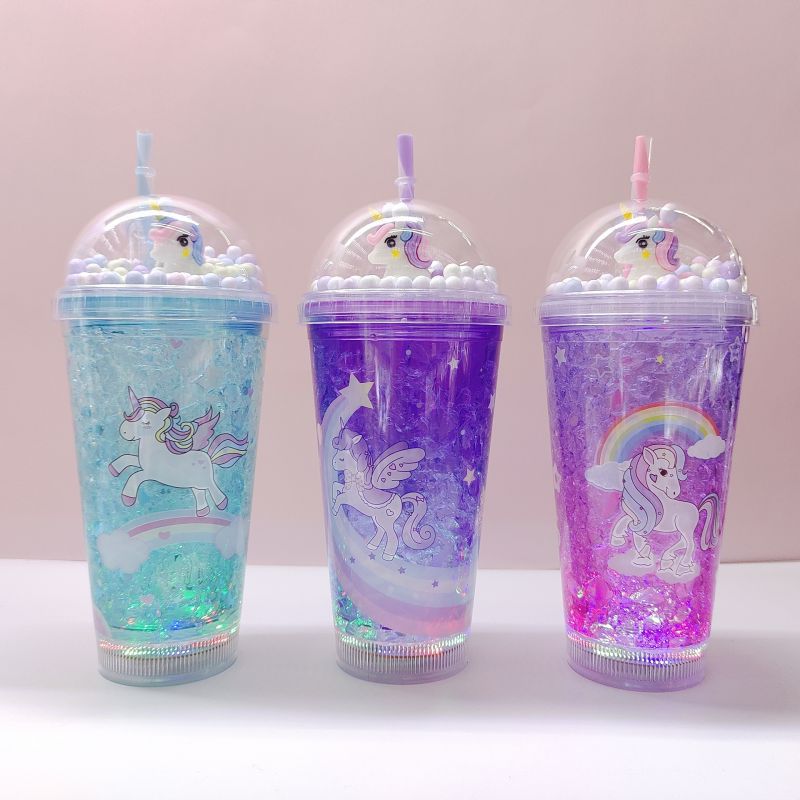 Cross-Border Factory Direct Supply Double Plastic Straw Cup Fashion Creative Unicorn Ice Cupstock