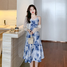 实拍新中式中国风晕染蓝色吊带连衣裙女非扎染夏季新款开衫