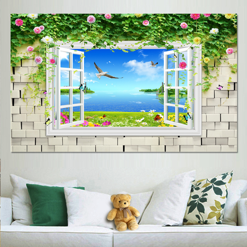 批发自粘壁纸墙画3d立体假窗户壁画贴纸卧室风景装饰画挂画整张墙