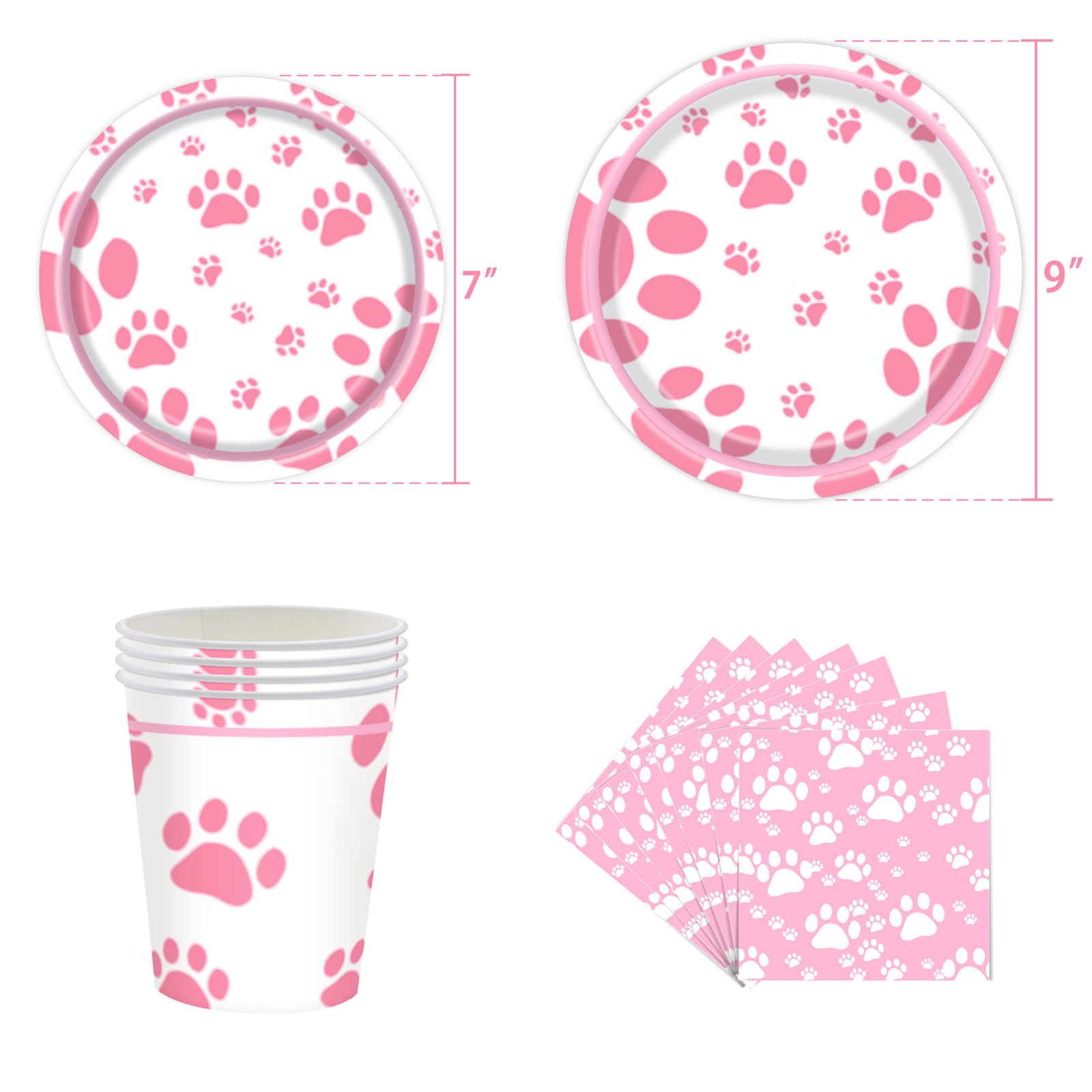 dog footprints theme party supplies pink party tableware disposable paper cup party paper pallet tissue set