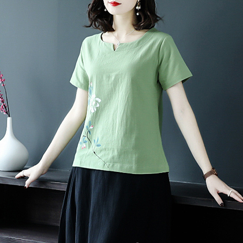 妈妈棉麻短袖t恤女宽松复古上衣服春夏装中老年女士洋气半袖小衫