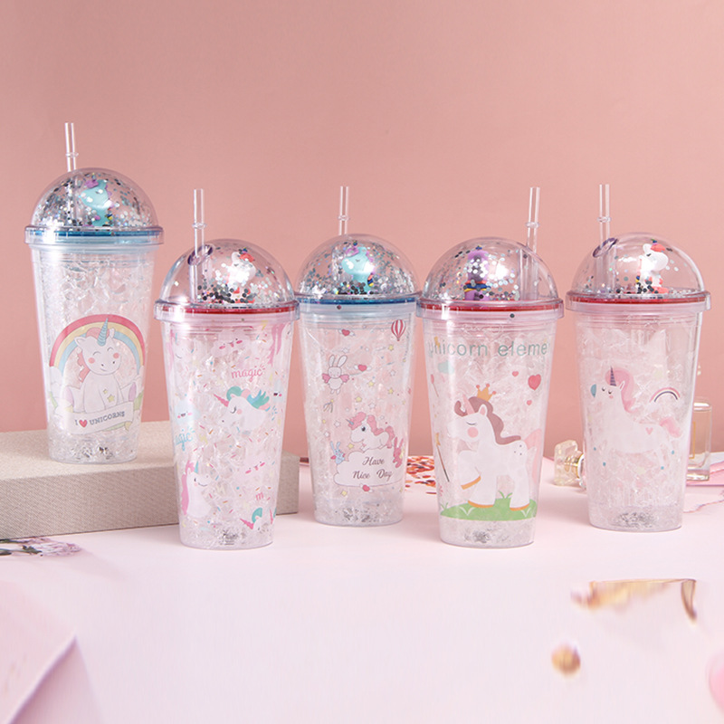 New Creative with Light Double-Layer Plastic Cup Unicorn Doll Ice Crushing Water Cup Portable Student Couple Cup with Straw